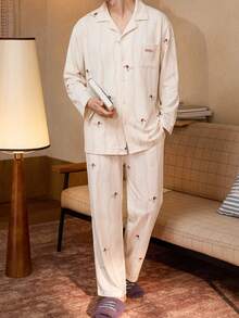 Gongdie 2pcs/Set Couple Men's Pajama Set, Spring/Autumn Cream White Soft Cotton Loungewear, Vertical Stripes & Dachshund Print - Beige - View 8