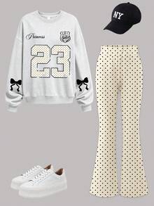 2pcs/Set Girls Outfit, Round Neck Sweatshirt With Number 23 Print Paired With Simple Casual Polka Dot Flared Pants, Comfortable Autumn/Winter New Girls Set - Light Grey - View 2