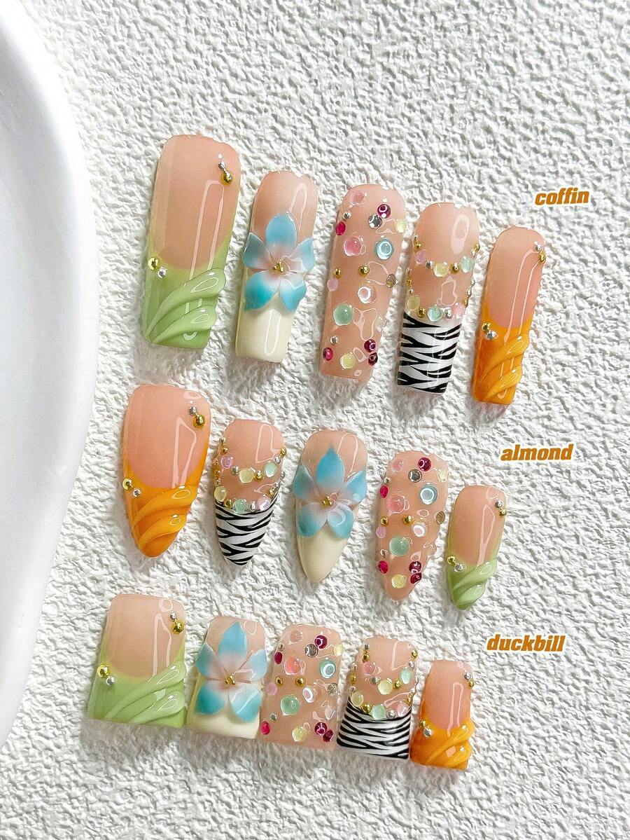 10件組韓式清新手工穿戴甲，Polygel美甲套組，花卉圖案，橘色與粉色指甲油，清新青春風，含美甲工具，3種尺寸可選，杏仁形、鴨嘴形、棺材形，適合派對、舞蹈、日常配戴 - 彩色 - 查看 1
