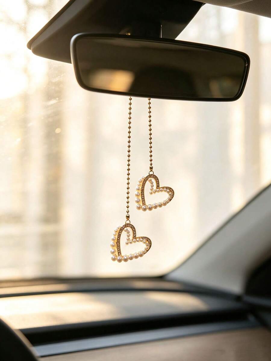1pc Pearl Rhinestone Border Heart Car Rearview Mirror Hanging Ornament, Elegant Style Auto Interior Decor Vehicle Accessory - A - View 1