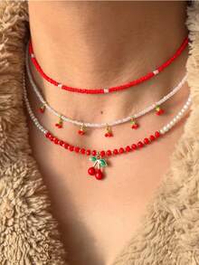 3PCS Vintage Cherry Seed Bead Choker Necklace Set, Red Bead Seed Bead Necklace, Sweet Cool Niche Style, Women - Gold - View 1
