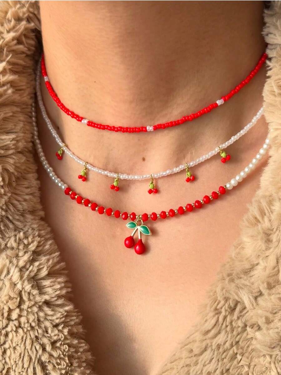 3PCS Vintage Cherry Seed Bead Choker Necklace Set, Red Bead Seed Bead Necklace, Sweet Cool Niche Style, Women - Gold - View 1