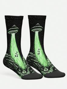 Cool 360° Printed Men's Socks - Streetwear Socks,UFO Spaceship,Alien Flying Saucer Graphic,Colorful,Funny Socks, Fit Daily, Holiday & Party Occasions - Black - View 2