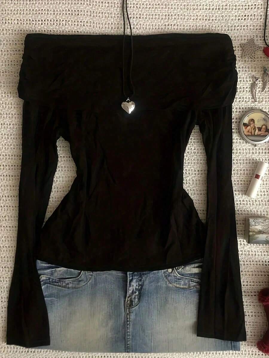 Plus Size Women's Casual Solid Color Off‑Shoulder Long Sleeve Top, Soft Medium Stretch Daily Dating Outfit, Spring Autumn/Winter Black - Black - View 1