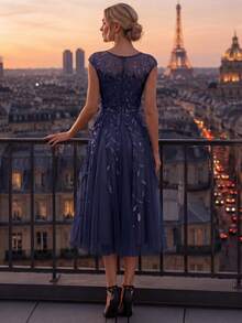 EVERPRETTY Summer Luxury Navy Blue Floral Leaf Sequin Sleeveless Round Neck Mid-Length Sparkling Formal Evening Gown For Party Cocktail Semi-Formal Occasions - Navy Blue - View 4