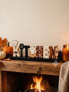 1pc Wooden Letter Table Sign, Chef Hat Beard Spatula Rolling Pin Decor, Freestanding Wooden Block Decoration, Suitable For Kitchen Countertop, Shelf, Tiered Tray, Rustic Kitchen Home Decor, Housewarming Gift, Kitchen Decoration And Accessories, Kitchen Essentials - A - View 4