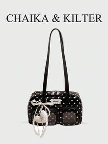 CHAIKA & KILTER 1件裝純色亮面PU布料女款時尚多口袋大容量波士頓保齡球肩背包，滿版圓點圖案，拉鍊開合，適合日常與街頭使用（附吊飾） - 黑色 - 查看 2