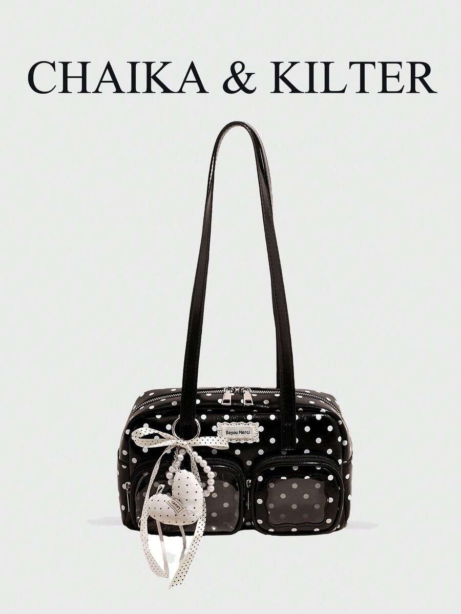 CHAIKA & KILTER 1件裝純色亮面PU布料女款時尚多口袋大容量波士頓保齡球肩背包，滿版圓點圖案，拉鍊開合，適合日常與街頭使用（附吊飾）