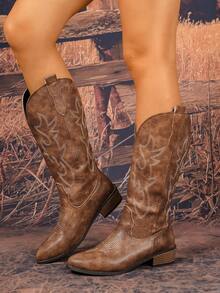 Women's All-Season Fashion Embroidered Brown Western Boots, Pointed Toe Chunky Heel Mid-Calf Boots, Cowgirl Boots - Brown - View 1