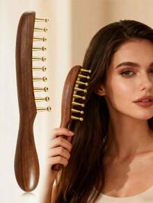 1pc Wide Tooth Comb, Brass Material Long Handle Large Round Tooth Scalp Massage Brush, Suitable For Curly And Straight Hair Styling, Body Massage Tool - Multicolor - View 1