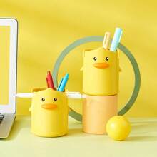 1pc Yellow Duck Pen Holder, Cute Creative Cartoon Desktop Plastic Pen Rack, Multi-Functional Stationery Storage Box For Office And Study Room - A - View 6