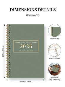 1 Peça Planejador Mensal A5 Minimalista Verde Sálvia 2026, Calendário Espiral Dourado com Grades, Lista de Tarefas & Mini Calendários, Acessórios de Mesa de Escritório Cadernos para Acessórios de Professor de Escola, Presentes de Halloween - Retângulo - Visão 4