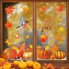 4入組「Hello Fall」窗貼，知更鳥、南瓜與楓葉圖案窗貼，雙面秋季豐收感恩節玻璃貼紙，適合居家窗戶裝飾 - 彩色 - 查看 7