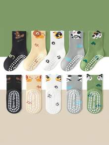 5 Pairs Kids Floor Socks Cartoon Animal Puppy Pattern Non-Slip Grip Sole Soft Bottom Indoor Anti-Slip Versatile Mid-Calf Socks For Boys Girls Toddlers Infants - Multicolor - View 1