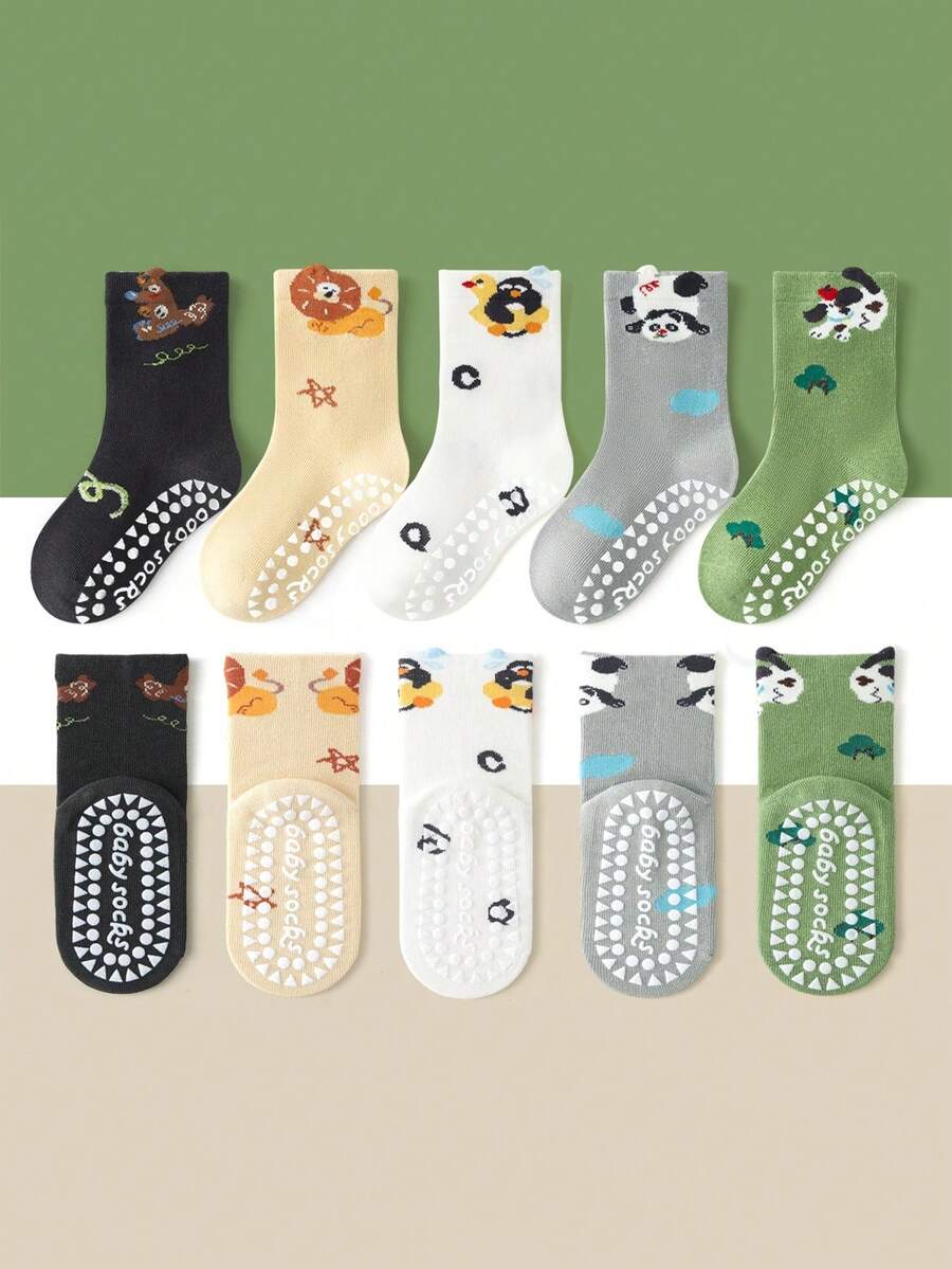 5 Pairs Kids Floor Socks Cartoon Animal Puppy Pattern Non-Slip Grip Sole Soft Bottom Indoor Anti-Slip Versatile Mid-Calf Socks For Boys Girls Toddlers Infants - Multicolor - View 1