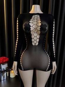 Plus Size Hollow Out Fitted Mini Sexy Lingerie Dress - Black - View 3