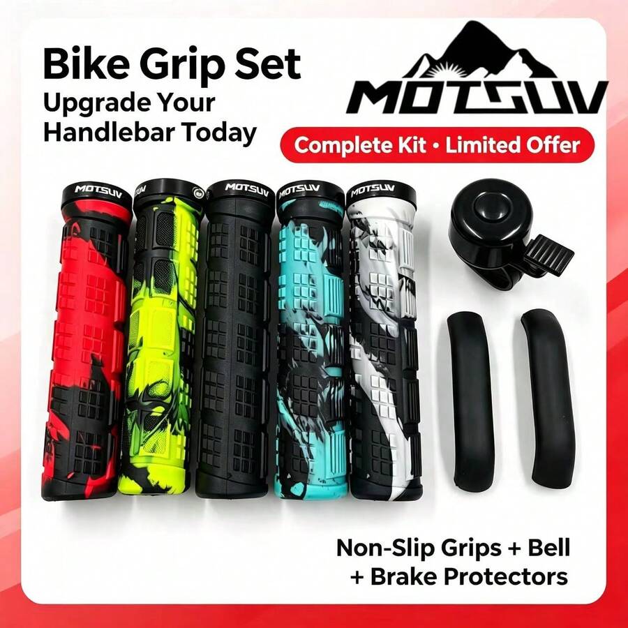 MOTSUV Set Bicycle Handlebar Rubber Soft Comfortable Grip Anti-Slip + Bell + Brake Cover - Multicolor - View 1