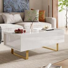 Height-Adjustable Coffee Table, MDF Coffee Table With Storage And High-Gloss Finish, Coffee Table With Drawer And Iron Legs, Modern Living Room Table - White - View 2