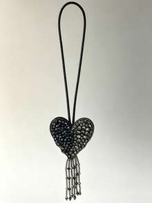 1pc Punk Style Heart Tassel Charm, Handmade Rhinestone Beaded Bag Pendant, Suitable For Punk Style, Party Style Bag Decoration - Black - View 5