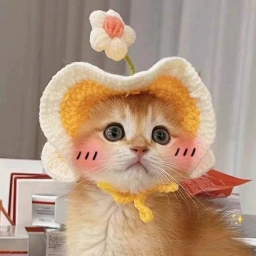 Gehäkelte Haustier Mütze mit 3D Blumendekor Verstellbare Bänder Niedliches Foto Kostüm für Katzen und Kleine Hunde - Niedliche gelbe Blumensämlinge - Übersicht 1