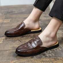 Brown Crocodile Embossed Penny Mule Loafers Men's Backless Slip-On Shoes Party Versatile Casual Men's Shoes - Brown - View 3