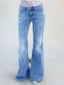 Jeans de cintura alta ajustados con bolsillos y pierna acampanada para adolescentes - Azul - Ver 5