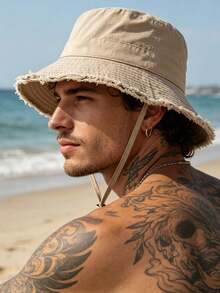 1pc Men's Drawstring Brim Bucket Hat, Adjustable Chin Strap Design, Distressed Effect Surface, Soft Fabric, Sun Protection And Windproof, Fashionable And Versatile, Suitable For Travel, Beach Leisure And Daily Wear - Multicolor - View 3