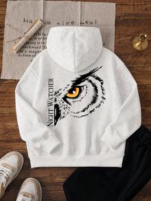 1pc Tween Boy Cool Owl Night Watcher Print Hooded Sweatshirt, Pure White Loose Casual Pullover Top For Spring And Autumn - White - View 3