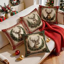 4pcs Vintage Plaid Deer Christmas Pattern Pillow Covers, Single-Sided Printed Pillow Covers, Suitable For Living Room, Bedroom, Home Decor, All Season Pillow Covers - Multicolor - View 9