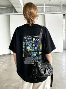 Women's Casual T-Shirt Featuring Tribute To Van Gogh's Masterpiece "Starry Night" And 1853 Numeric Design, Summer Black - Black - View 1