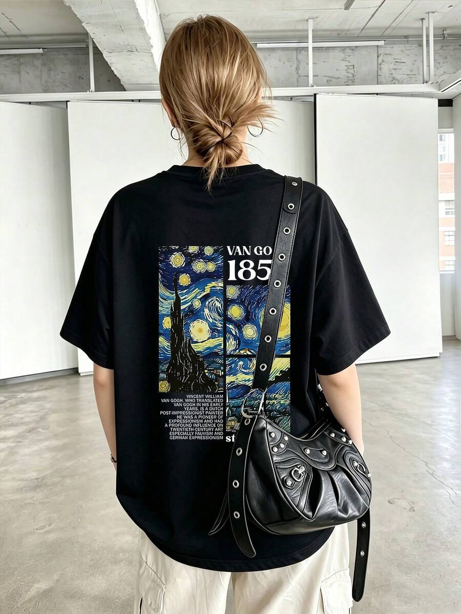 Women's Casual T-Shirt Featuring Tribute To Van Gogh's Masterpiece "Starry Night" And 1853 Numeric Design, Summer Black - Black - View 1