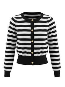 Women's Slim Fit Short Knit Cardigan Top, Striped Sweater, Casual Versatile Jacket For Autumn/Winter Fall - Black and White Stripes - View 6