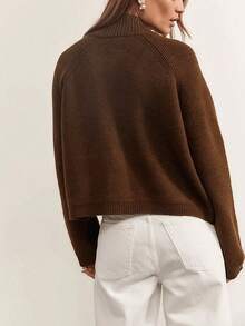 Women's Autumn/Winter Elegant Casual Knit Cardigan, Solid Color Two-Way Zipper Pocket Sweater Jacket, Old Money Style, Daily Commute And Outing Outfit - Coffee Brown - View 6