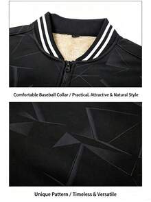 Men's All-Over Geometric Print Thermal Lined Baseball Collar Zip-Up Jacket, Loose Fit Outdoor Sports Top - Black - View 8