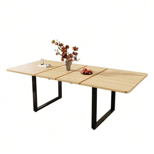 Mesa de comedor extensible con 3 longitudes, 140/180/220*80 cm, apta para 6-10 personas, forma rectangular, patas de metal, estilo sencillo, mesa para comedor, cocina, gris - Color natural - Ver 1