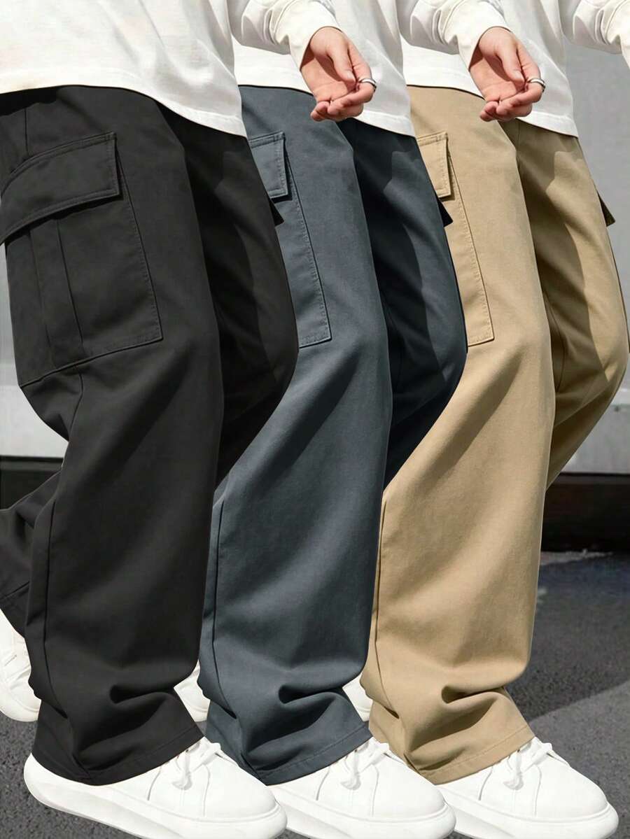 3pcs Plus Size Men's Cargo Straight Leg Pants, Spring/Autumn Outdoor Hiking Fitness Basketball Versatile Long Pants - Multicolor - View 1