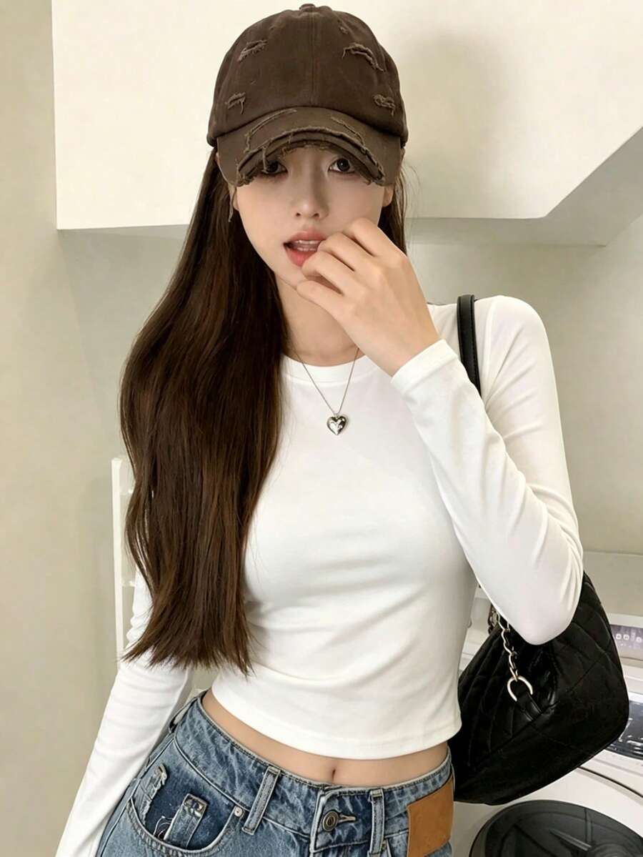 1pc Women's Solid Color Long Sleeve T-Shirt, Slim Fit Cropped Top - White - View 1