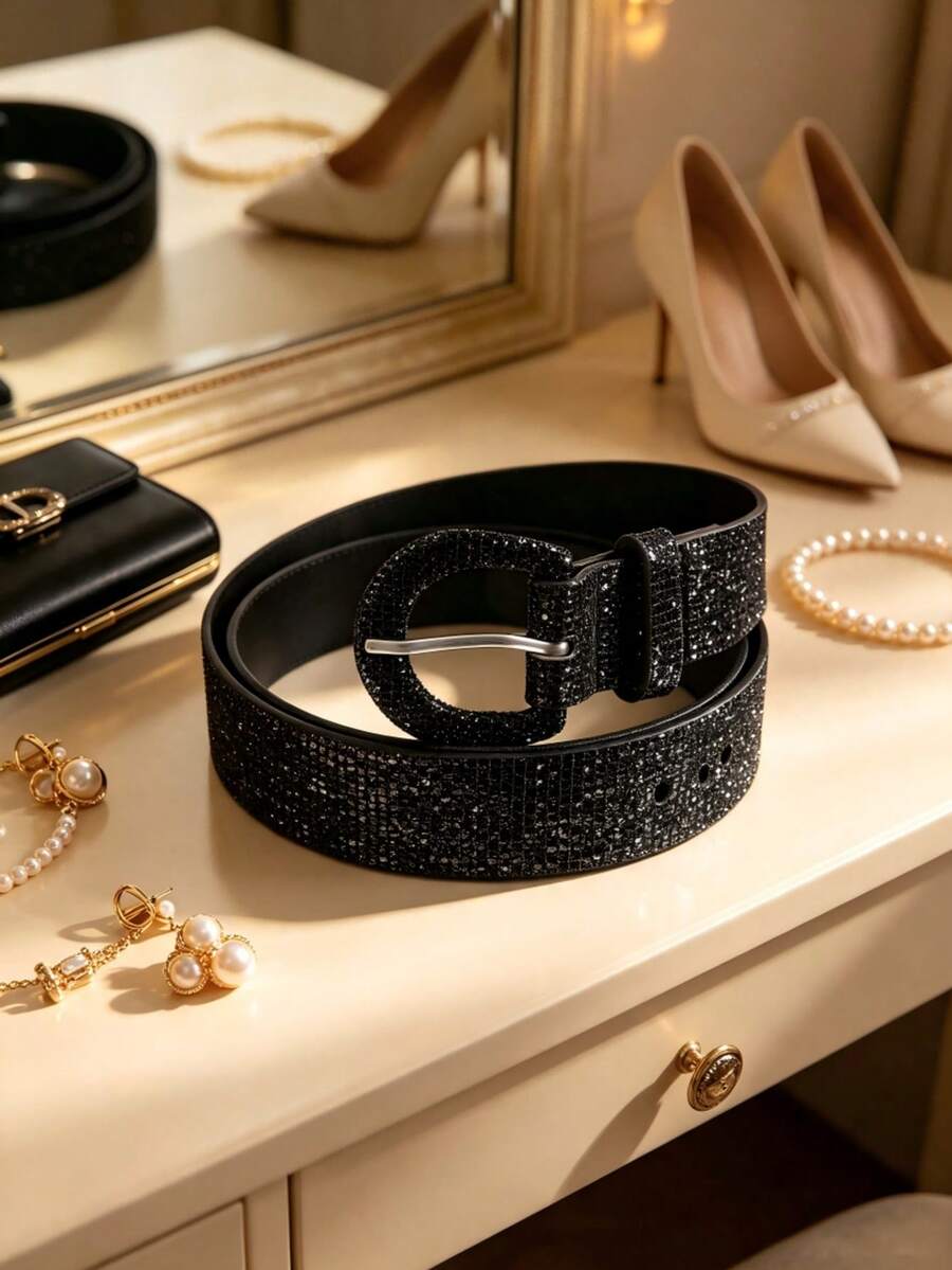 APLCSEY 1pc Fashion Rhinestone Decor Women's Belt - Black - View 1