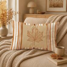 1pc Minimalist Autumn Striped Maple Leaf Cushion Cover, Single-Sided Printed Peach Skin Velvet Material, 30*50/40*60CM Pillowcase Suitable For Room Decoration, Modern Minimalist Sofa Living Room Decor, Party Decoration, Gift Giving - Multicolor - View 1