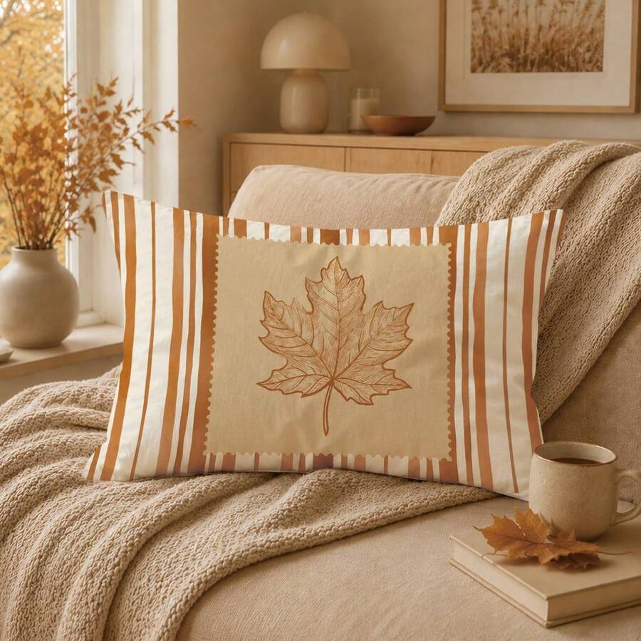 1pc Minimalist Autumn Striped Maple Leaf Cushion Cover, Single-Sided Printed Peach Skin Velvet Material, 30*50/40*60CM Pillowcase Suitable For Room Decoration, Modern Minimalist Sofa Living Room Decor, Party Decoration, Gift Giving - Multicolor - View 1