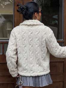 Jaket Pendek Wanita Warna Polos Musim Gugur/Dingin, Kerah Bulu Dua Sisi, Kancing Depan, Warna Putih - Putih - View 5