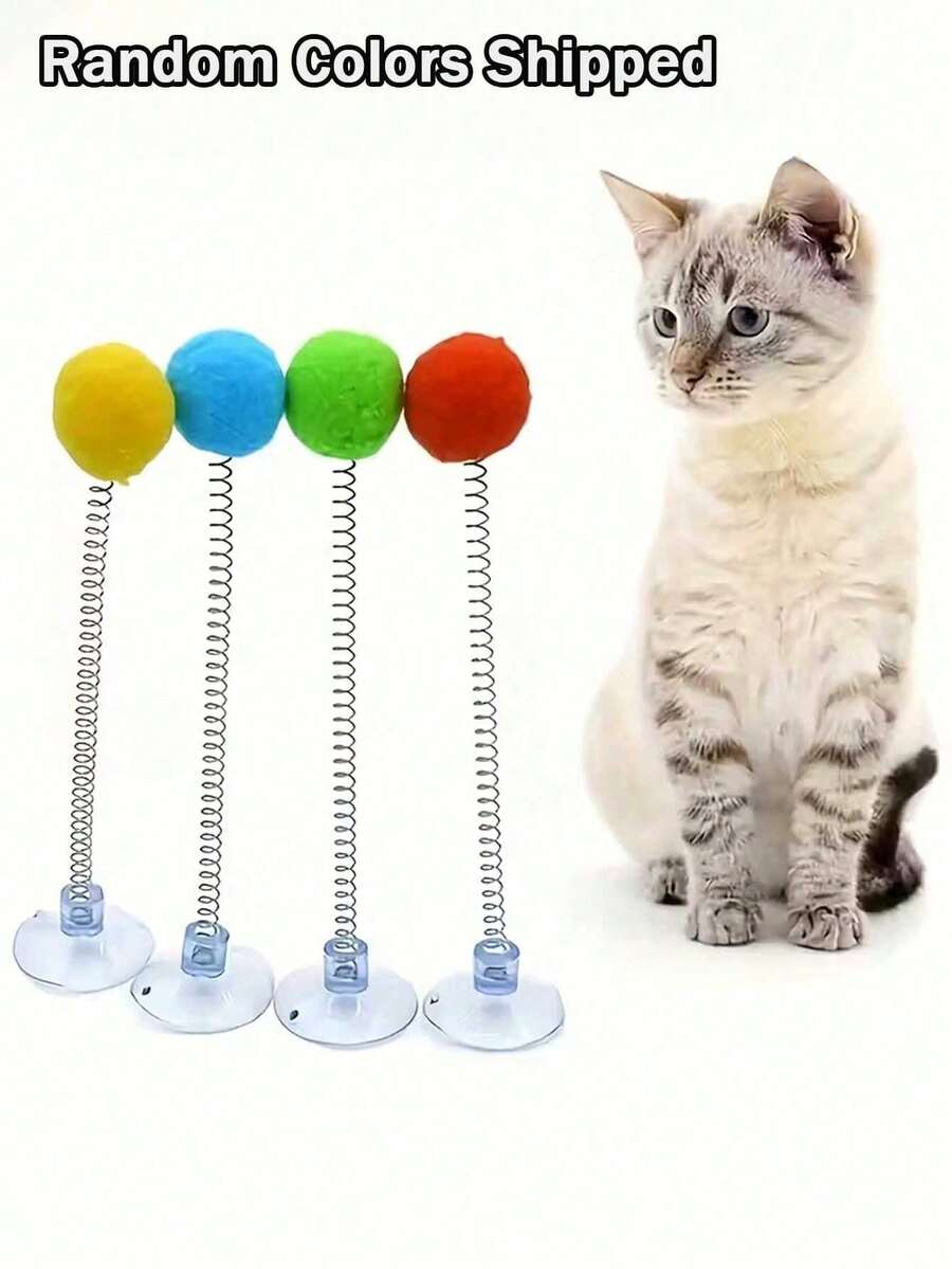 Fun Cat Toy, Includes Plush Ball, Metal Spring Teaser Wand And Suction Cup Base, Designed With Bright Colors, No Battery Required, Suitable For All Cat Breeds, Stimulates Cat's Hunting Instinct And Play Interest, Simulated Hunting Toy, Active Cat Toy, Plush Ball Toy, Indoor Cat Toy - Multicolor - View 1