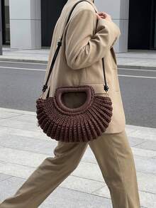 Dedoo Vintage Shell Knitted Top‑Handle Bag For Women, Detachable Strap Woven Crossbody Handbag Retro Elegant Purse - Coffee - View 7
