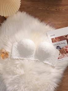 Strapless Lace Push-Up Bra, Solid Color, Seamless, Wireless, Mature Elegant Design, Lifting Support, Thick Cup, Suitable For Small Chest [Flat Chest Special] - White - View 6