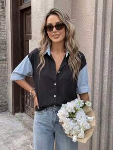 Casual Versatile Denim Effect All-Over Print Lapel Double-Breasted Women's Shirt, Spring/Summer New Style, Suitable For Commuting And Daily Wear - Black - View 2