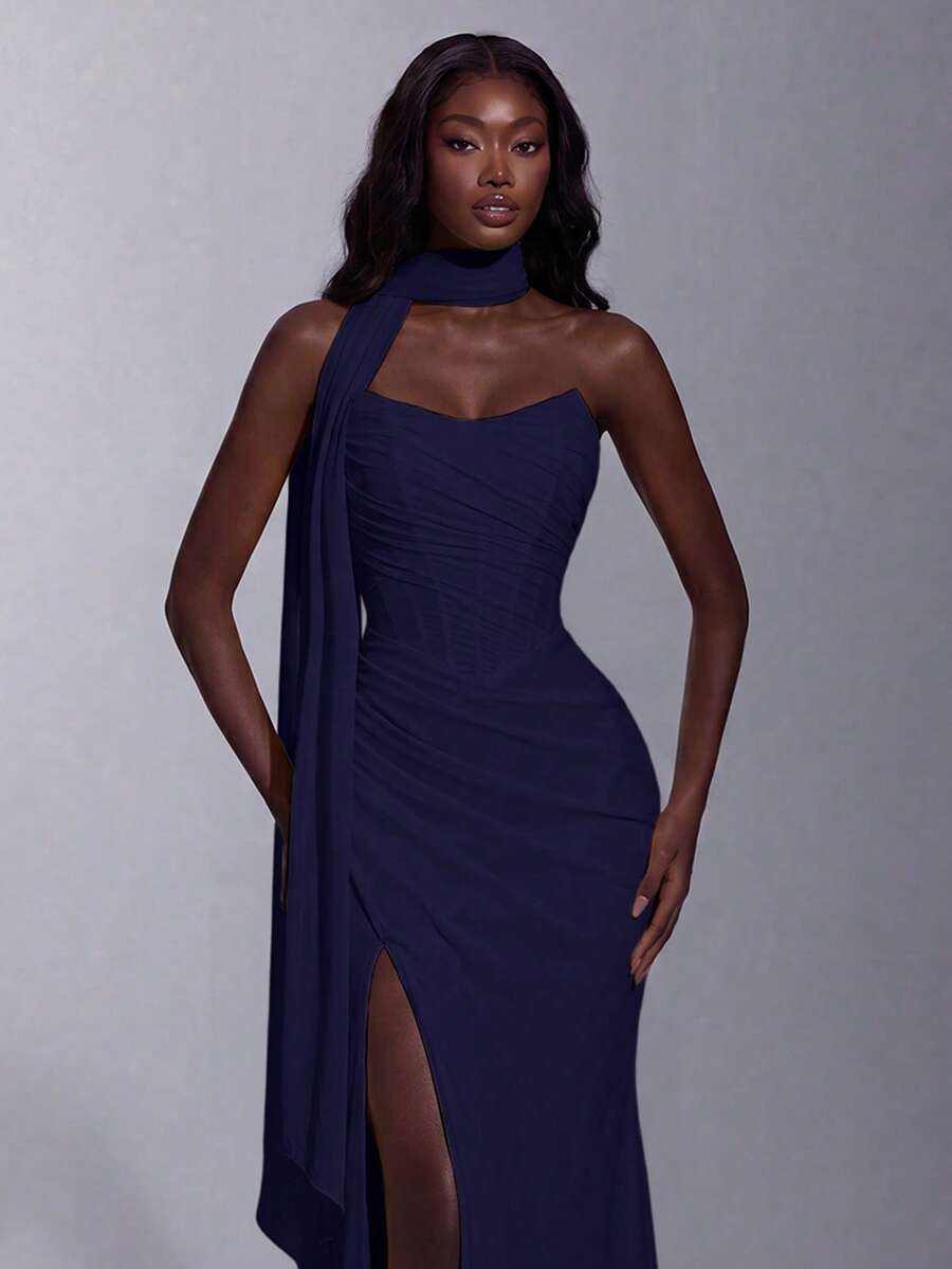 Elegant Sweetheart Neck Pleated Fitted Corset Maxi Dress, High Slit Slim-Fit Mermaid Silhouette Party Wedding - Navy Blue - View 1