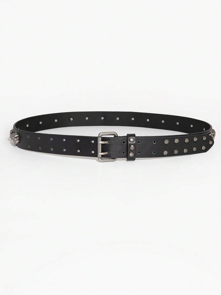 1 pieza Cinturón de cuero negro Y2K Punk estilo europeo americano con tachuelas cuadradas | Tachuelas cuadradas de triple capa con hebilla cuadrada de metal, cinturón de cintura de moda estilo callejero cool - Cabeza de fantasma negra - Añade 5