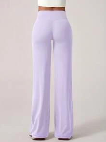 1pc Women's Simple Elastic High Waist V-Shaped Hip Design Long Pants, Butt-Lifting Straight Leg Purple Wide Leg Pants, Versatile Yoga Pants Fall - Lilac Purple - View 4