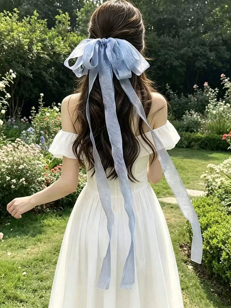 1件女款優雅多層緞帶蝴蝶結髮夾，附100cm超長飄逸流蘇，春季髮飾 - 彩色 - 查看 8
