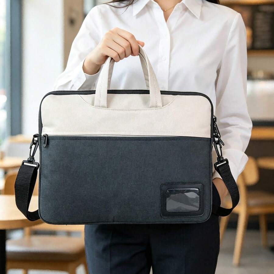 1 Stück zweifarbige Laptoptasche mit Handgriff, abnehmbarer Umhängegurt für 16-Zoll Notebooks und Büroalltag - cremefarben - Übersicht 1